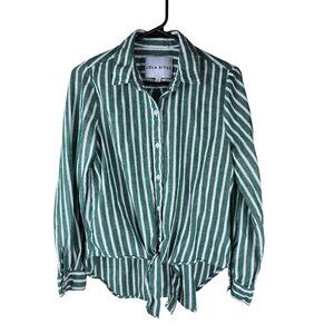 LOLA RIVER Striped Shirt Womens Sz S Green White Button Up Tie Roll Tab Sleeve‎